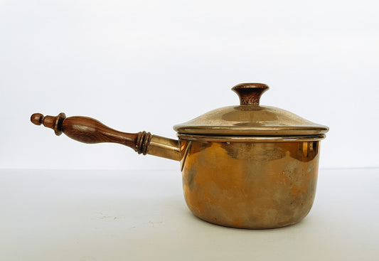 Vintage Brass Pot with Carved Wood Handle